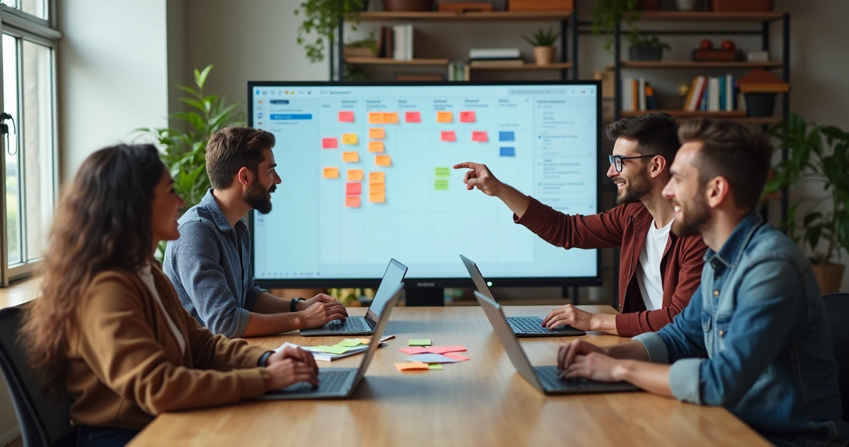 Equipe trabalhando em computadores e quadros digitais organizando tarefas 