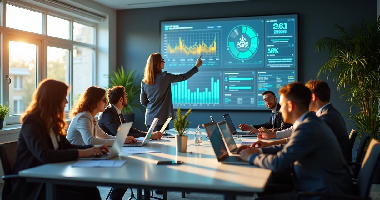 Equipe em ambiente digital planejando resultados em frente a telas com gráficos 