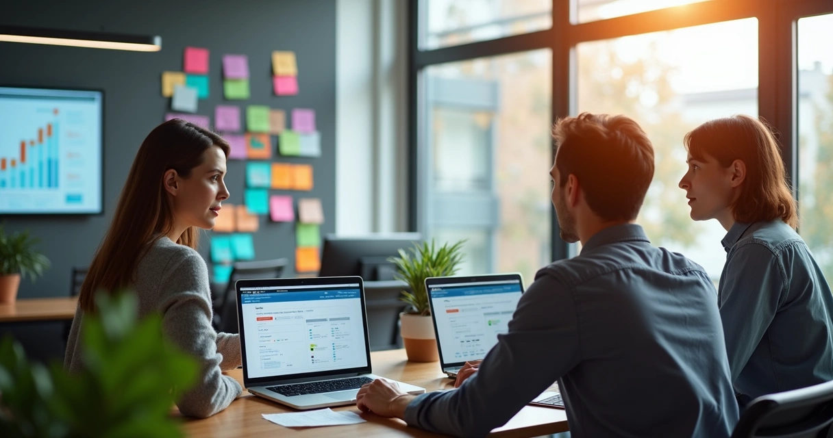 Equipe pequena em escritório moderno usando laptops 