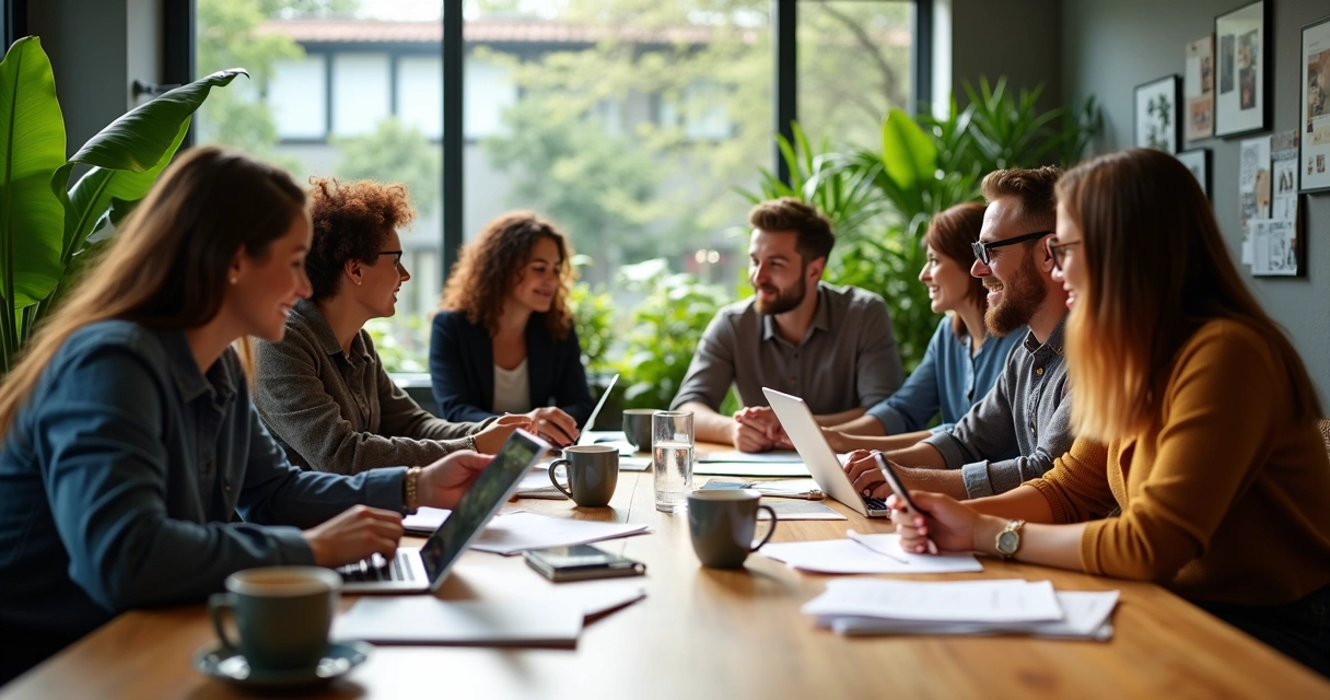 Equipe reunida em mesa colaborando em projeto 
