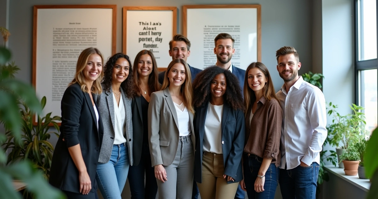 Equipe diversificada de advogados e empreendedores em frente a parede de quadros inspiracionais 