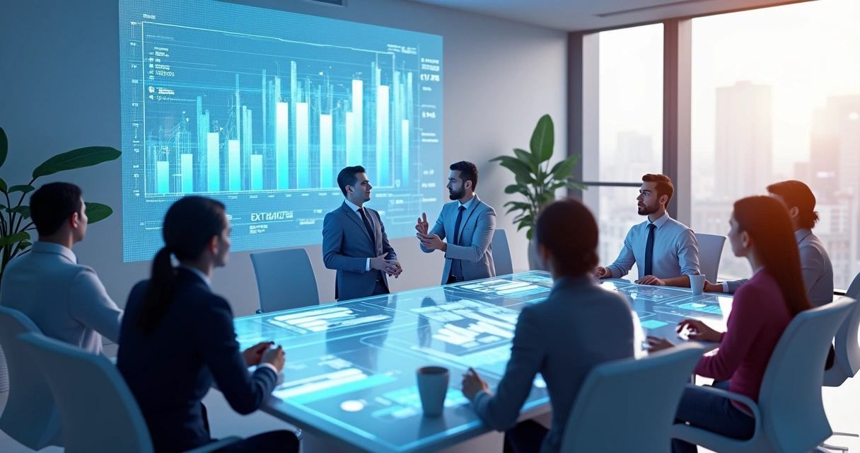 Equipe reunida em sala de reunião discutindo atualização de sistema de IA 