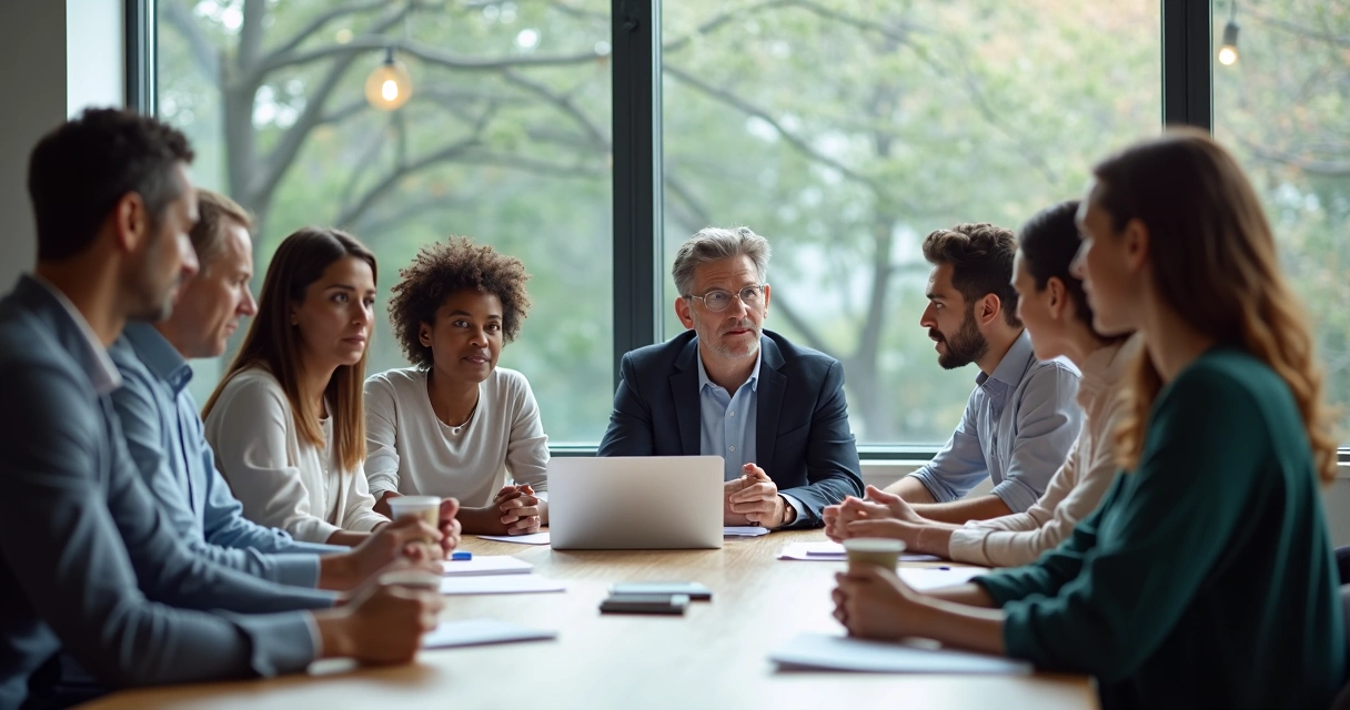 Equipe reunida discutindo dilemas éticos