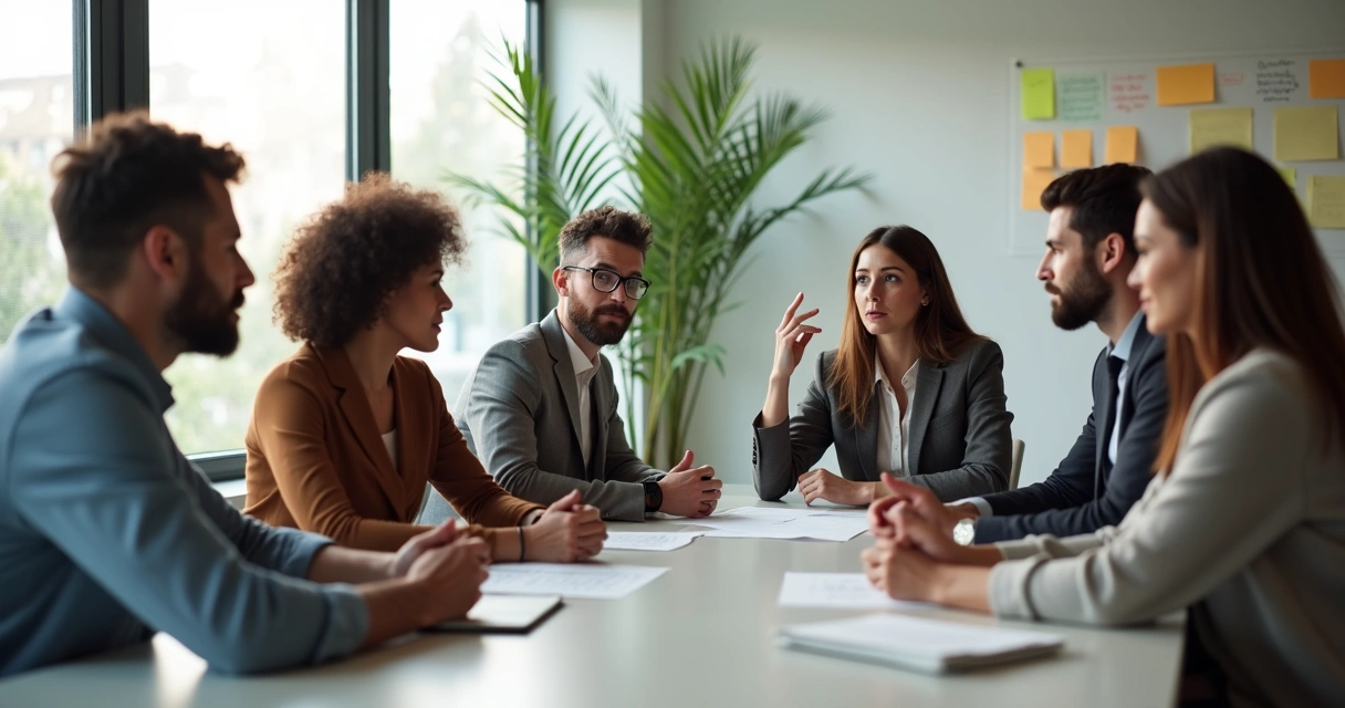 Equipe em discussão ao redor de uma mesa de reunião 