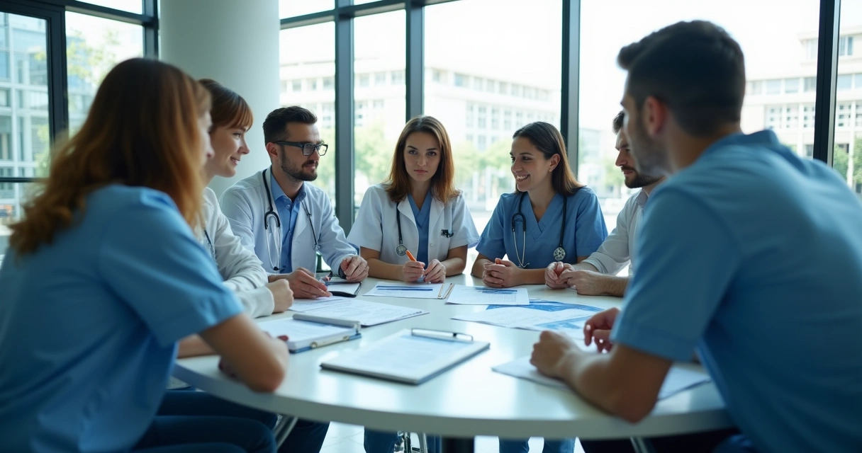 Equipe de clínica médica reunida avaliando estratégias de segurança 