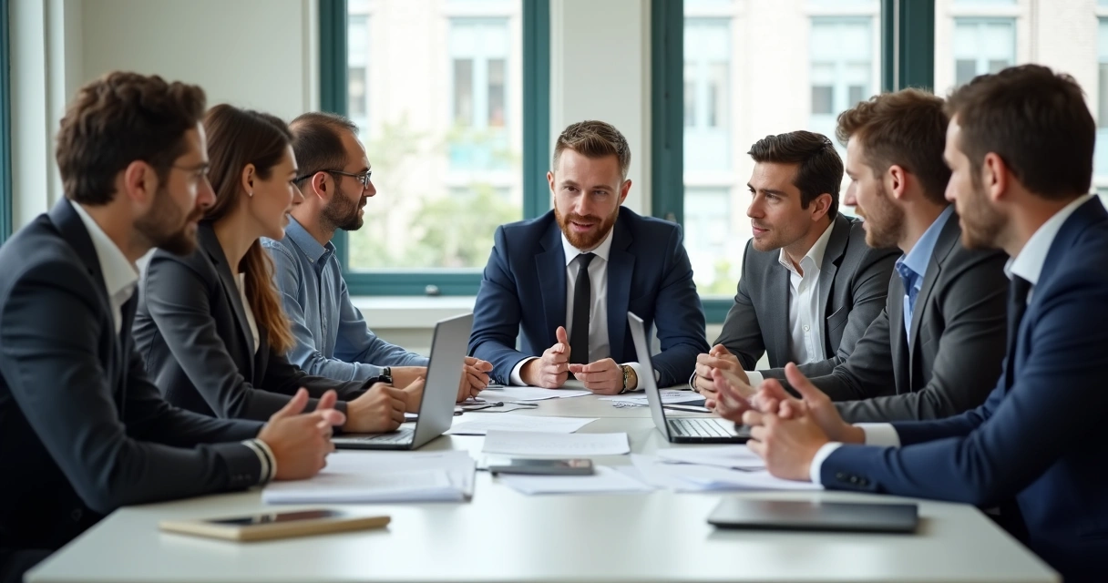 Equipe de trabalho reunida em torno de uma mesa discutindo solução para um problema 