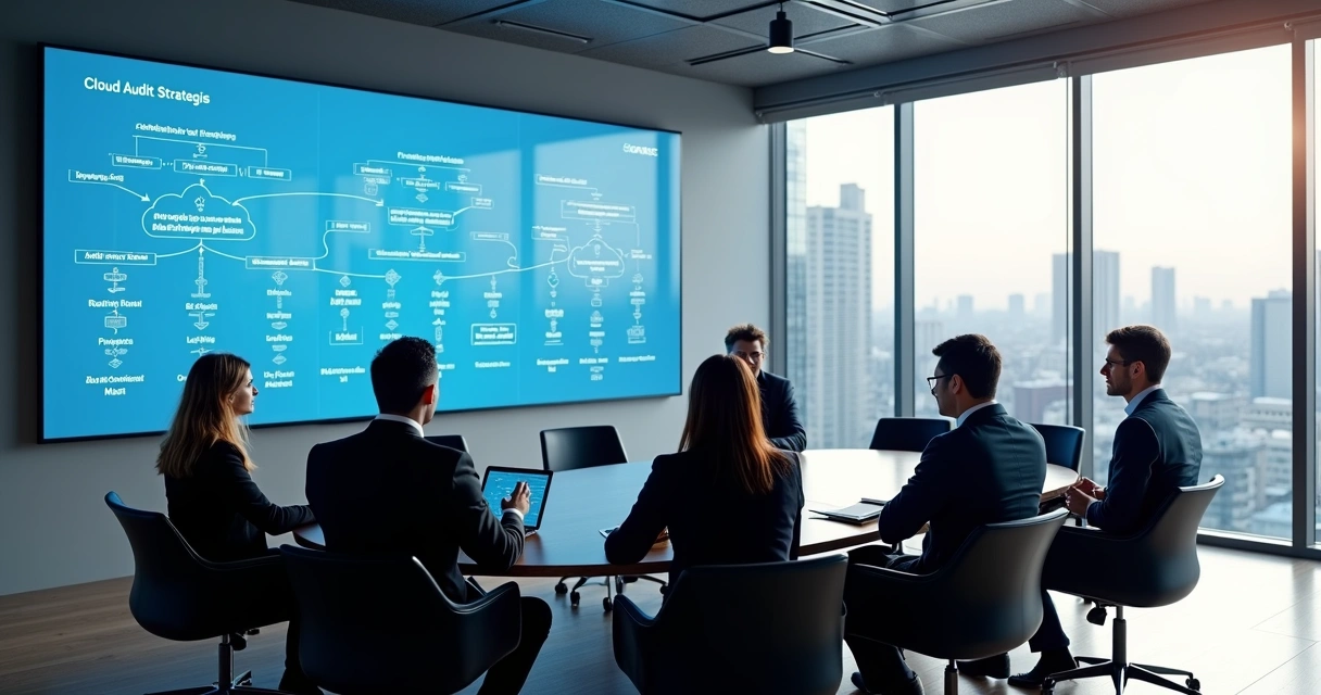 Equipe de profissionais discute auditoria em nuvem em sala de reunião moderna 