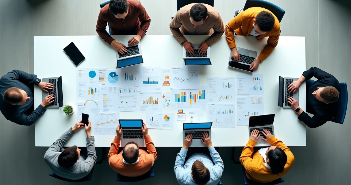 Profissionais avaliando fluxos de automação B2B em computadores 