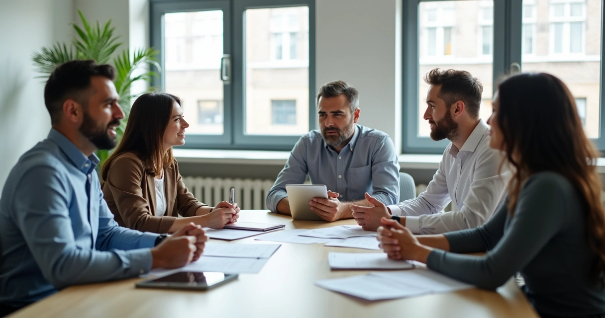 Equipe de trabalho em uma mesa discutindo com expressões diversas 
