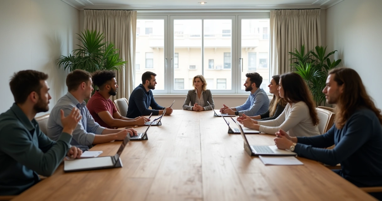 Grupo de pessoas sentadas ao redor de uma mesa, discutindo calmamente críticas recebidas 