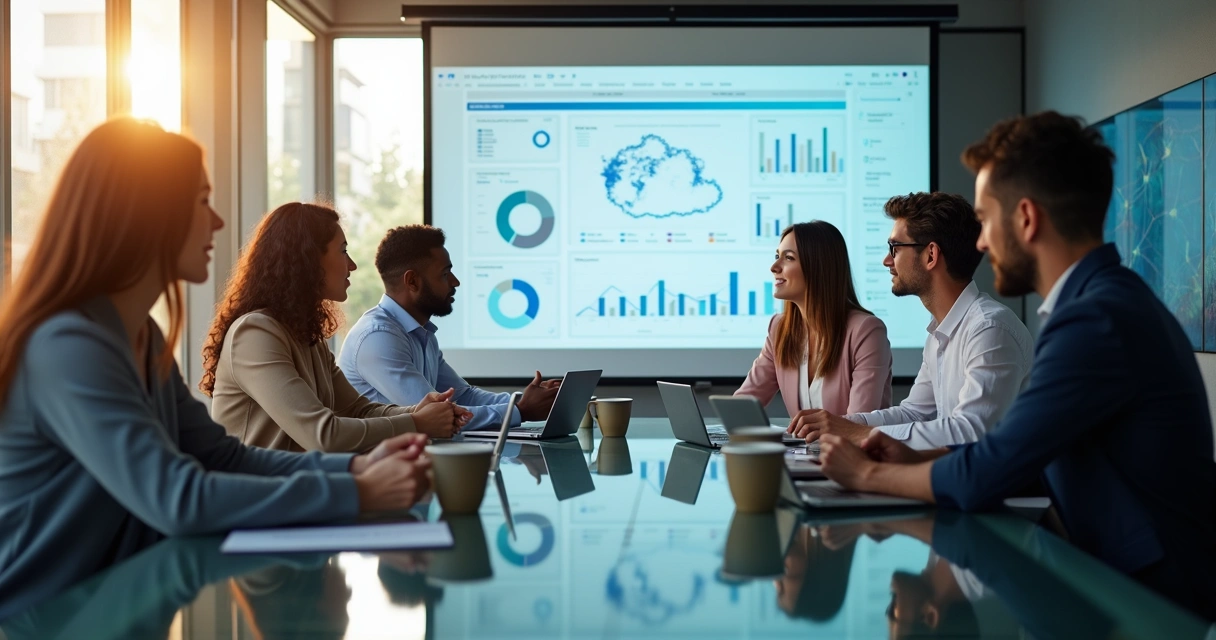 Equipe em reunião planejando CRM em escritório moderno 