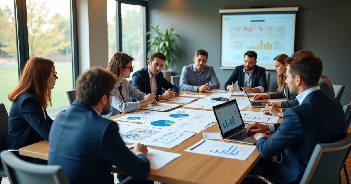 Equipe de marketing e vendas analisando gráficos e dados em uma mesa de reunião 