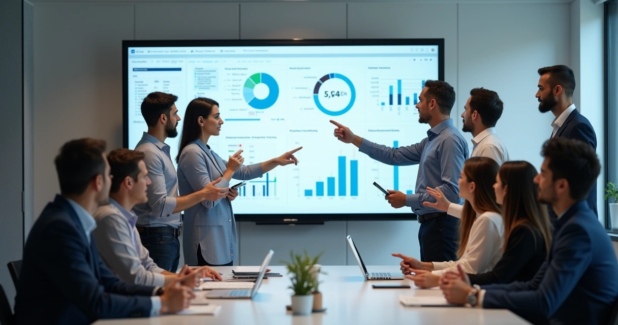 Equipe de negócios analisa gráficos e dados digitais em tela grande 
