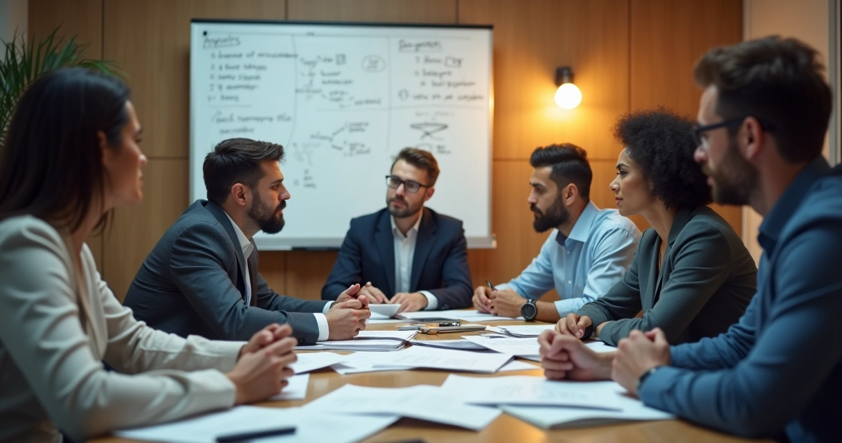 Equipe sentada em uma sala de reunião com expressão pensativa, discutindo desafios profissionais 
