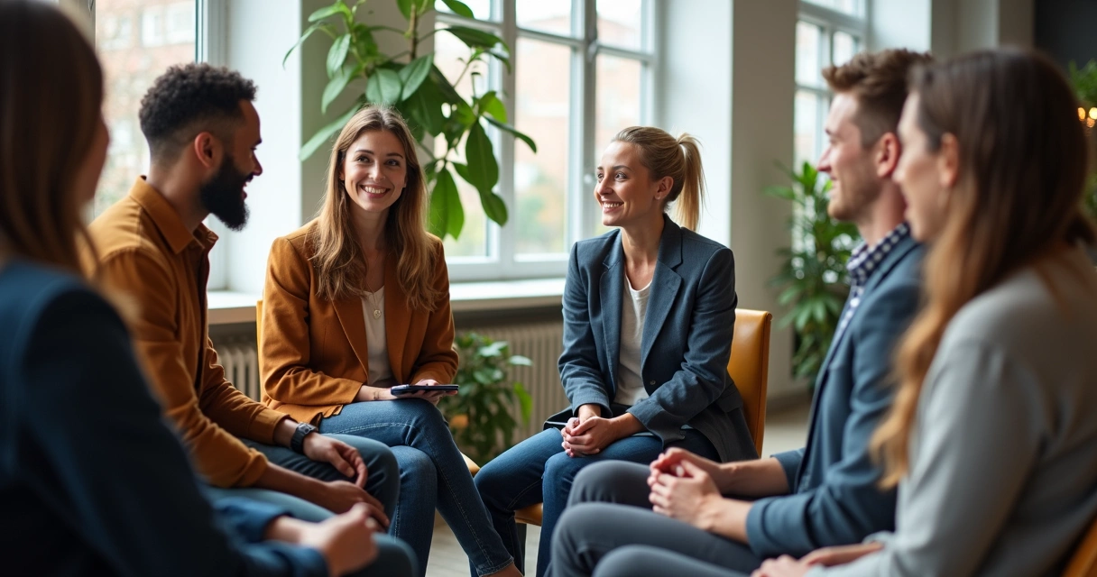 Grupo de colegas de trabalho sentados em círculo discutindo emoções 