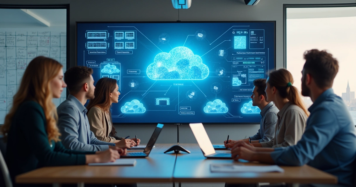 Equipe de tecnologia discutindo escolha entre cloud e servidor próprio em sala moderna 