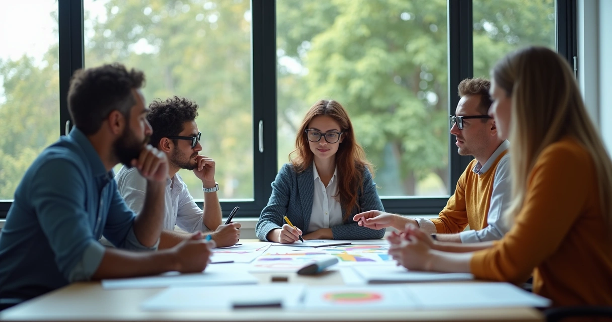 Equipe sentada à mesa analisando papéis e gráficos 