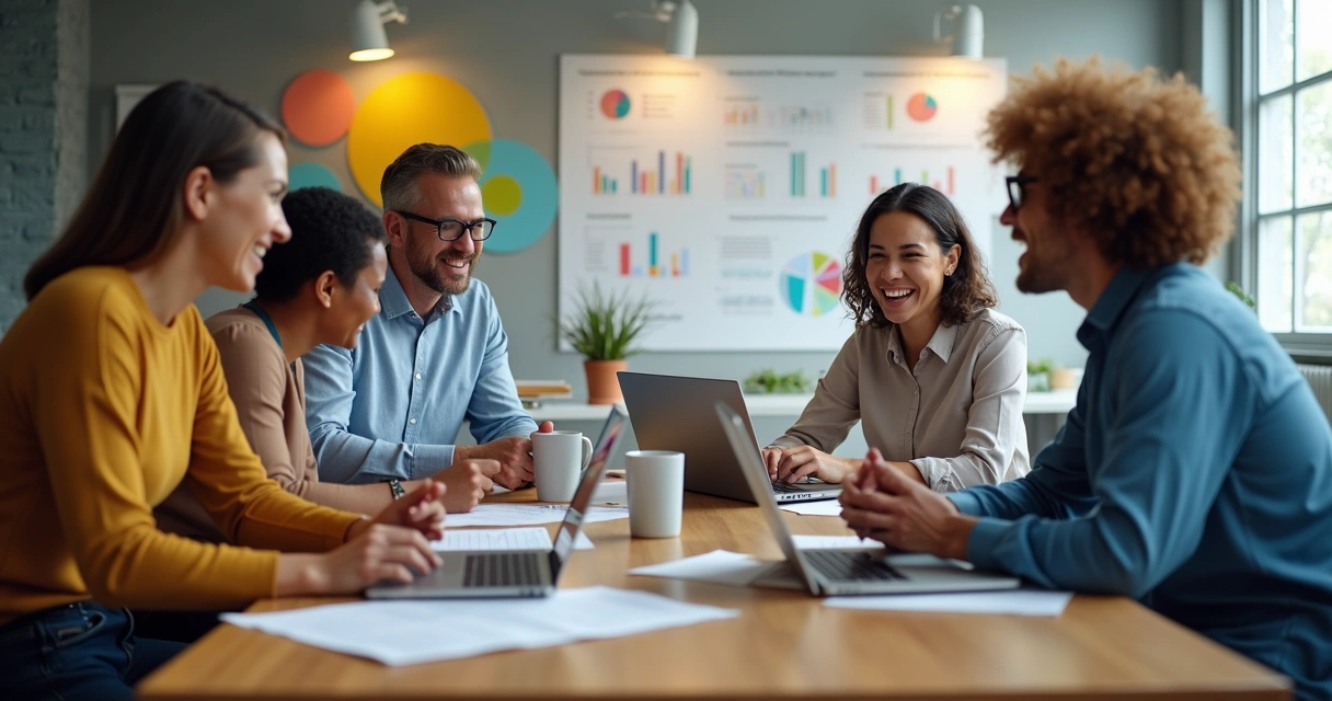 Equipe de marketing e vendas discutindo estratégia em mesa de reunião 