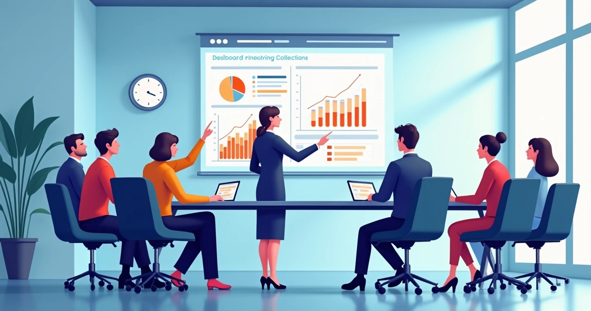 Equipe reunida analisando gráfico de cobranças em reunião 