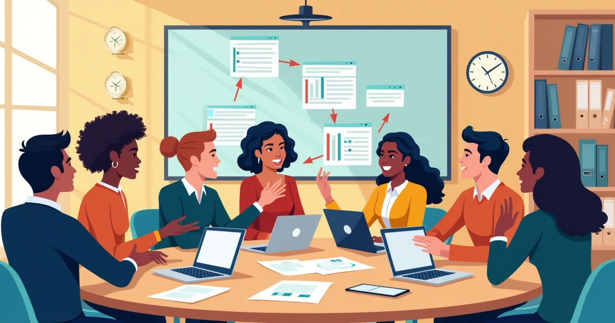 Equipe de comunicação reunida discutindo estratégias digitais