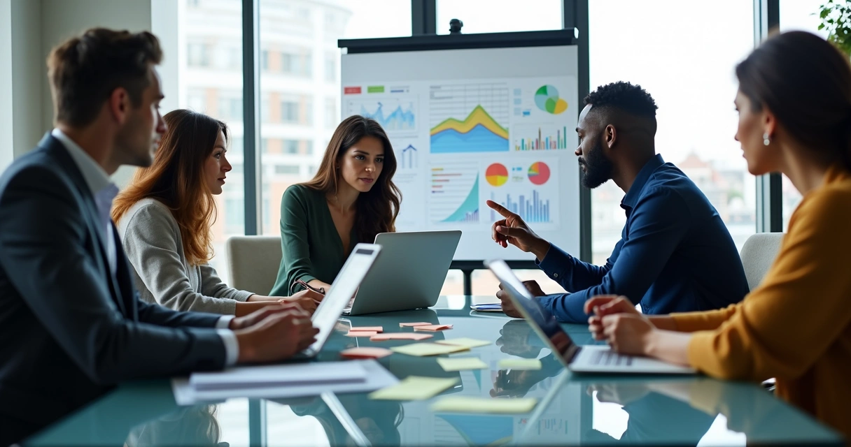 Equipe multidisciplinar discutindo estratégias de aquisição de clientes SaaS em mesa de reunião 