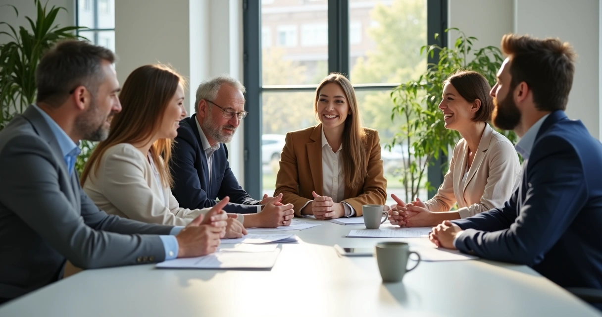Equipe sentada ao redor de uma mesa em discussão animada