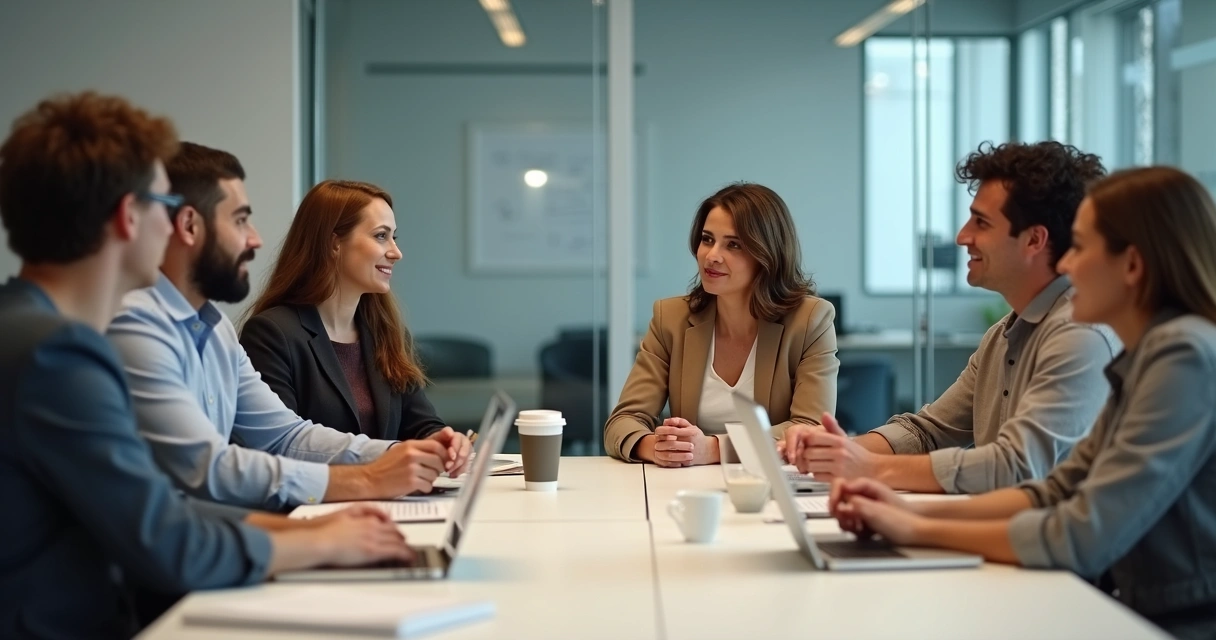Grupo de colegas de trabalho trocando feedbacks em reunião. 