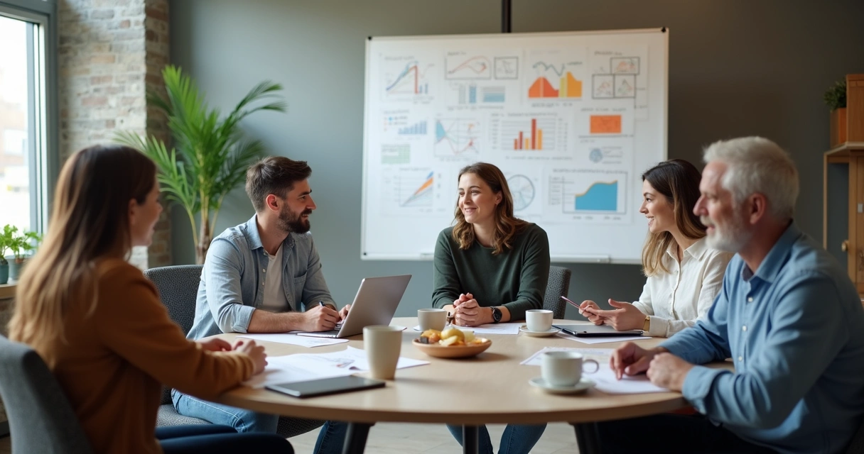 Equipe reunida em mesa redonda discutindo feedbacks 