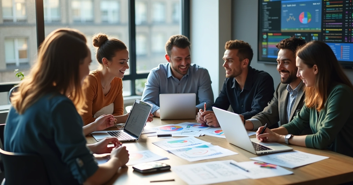 Reunião de equipe analisando gráficos de NPS segmentados em uma mesa de escritório