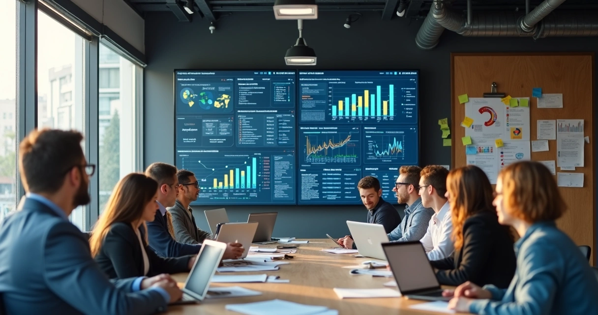 Equipe reunida analisando dashboard em monitor grande 
