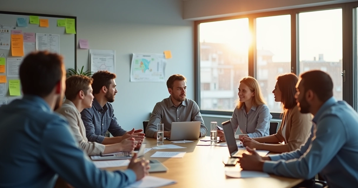 Integrantes de equipe discutindo ideias em volta de uma mesa 