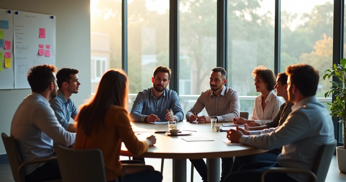 Equipe reunida discutindo ideias em mesa redonda em escritório moderno 