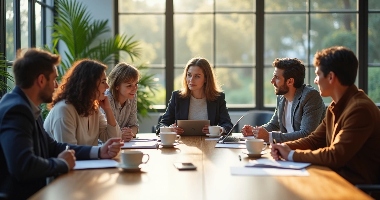 Equipe reunida ao redor de mesa trocando ideias e anotações 
