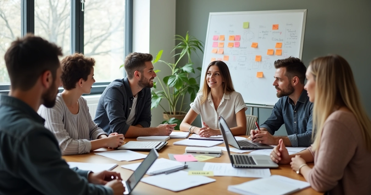 Equipe reunida em volta de uma mesa, discutindo ideias de projeto. 