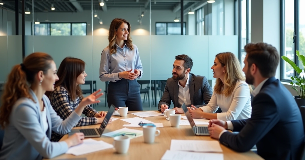 Equipe reunida, discutindo ideias em uma mesa de escritório