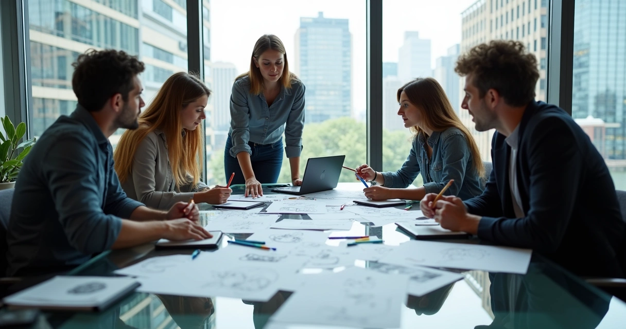 Equipe criativa discutindo ideias de roteiro em mesa de reunião, storyboard à mostra. 