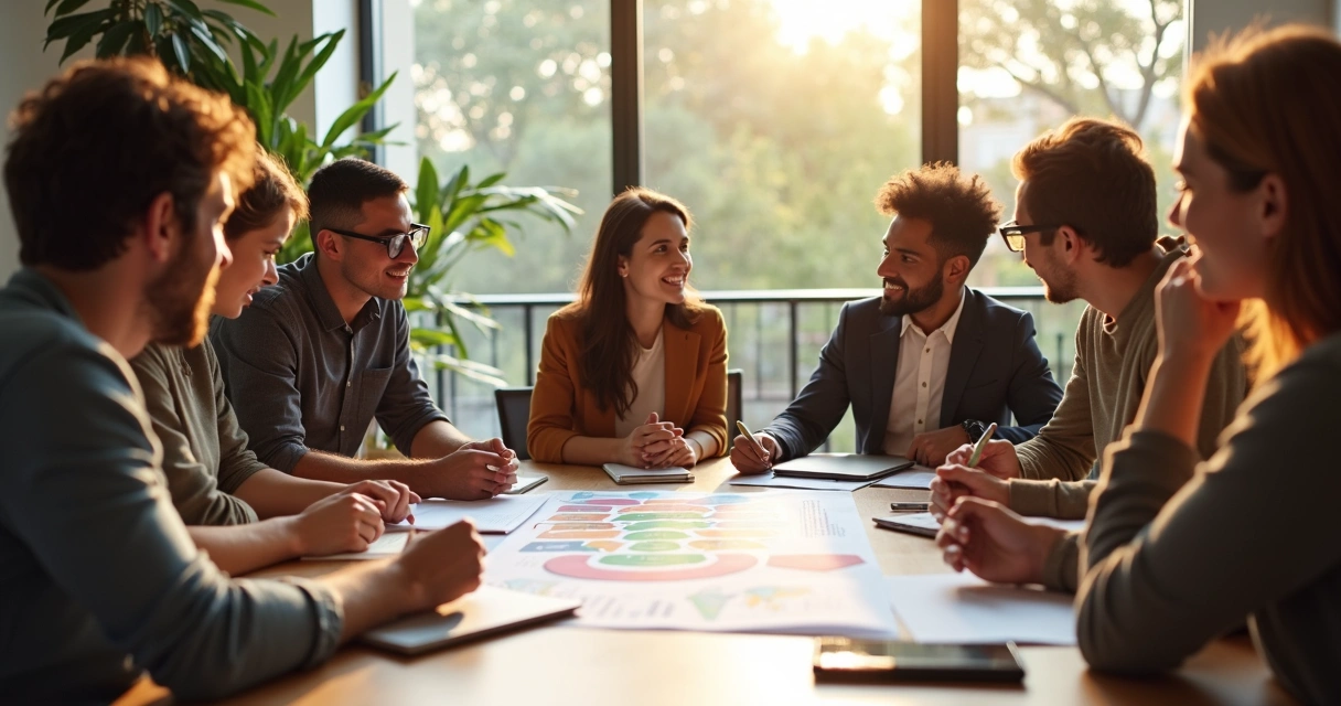 Pessoas em reunião discutindo impacto social em uma mesa com documentos e anotações. 