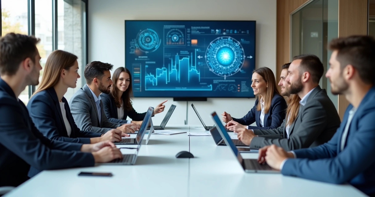Equipe de agência discutindo IA em uma mesa de reunião