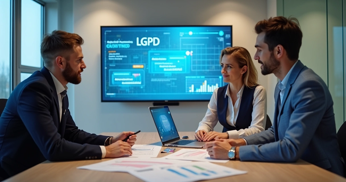 Três pessoas analisando documentos sobre LGPD em uma sala de reuniões clara