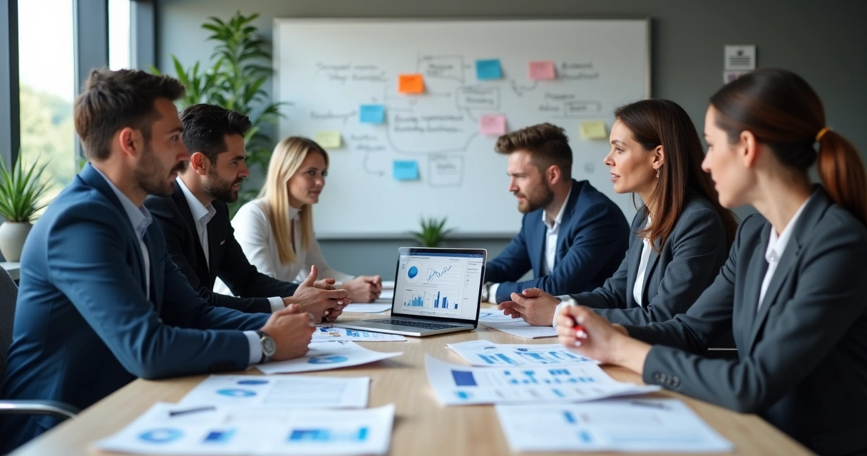 Equipe reunida ao redor de mesa discutindo melhorias no fluxo de leads 