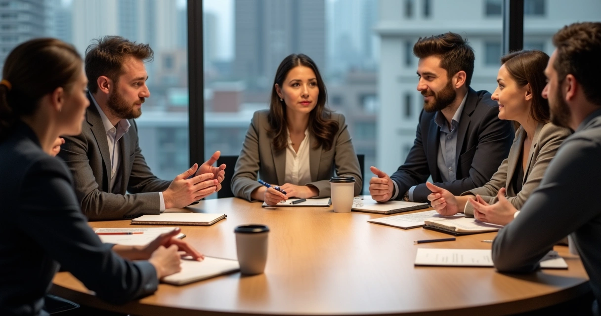 Equipe reunida em torno de uma mesa redonda discutindo ativamente 