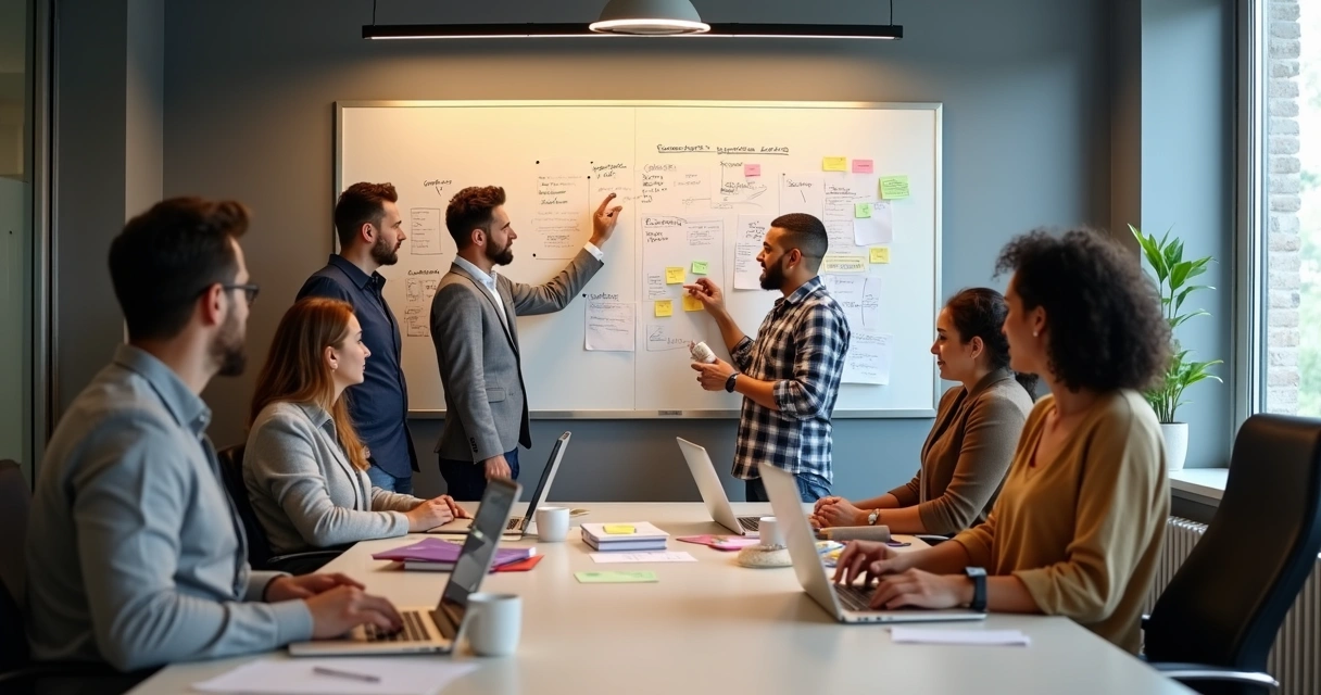 Equipe reunida em sala moderna discutindo metas na lousa 