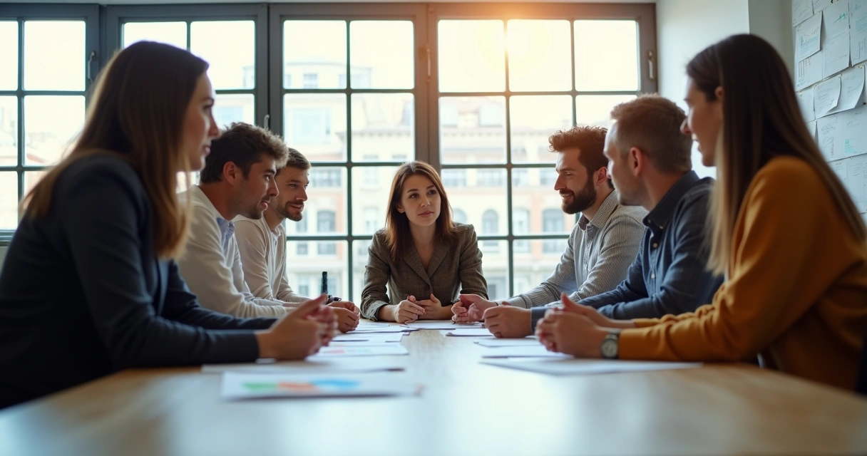 Equipe reunida em sala clara discutindo metas com papéis e computador 