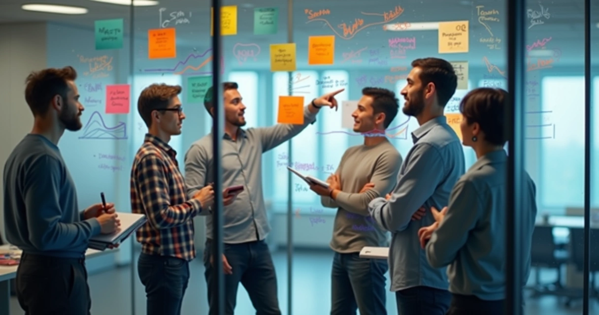 Equipe analisando quadros com indicadores financeiros expostos 