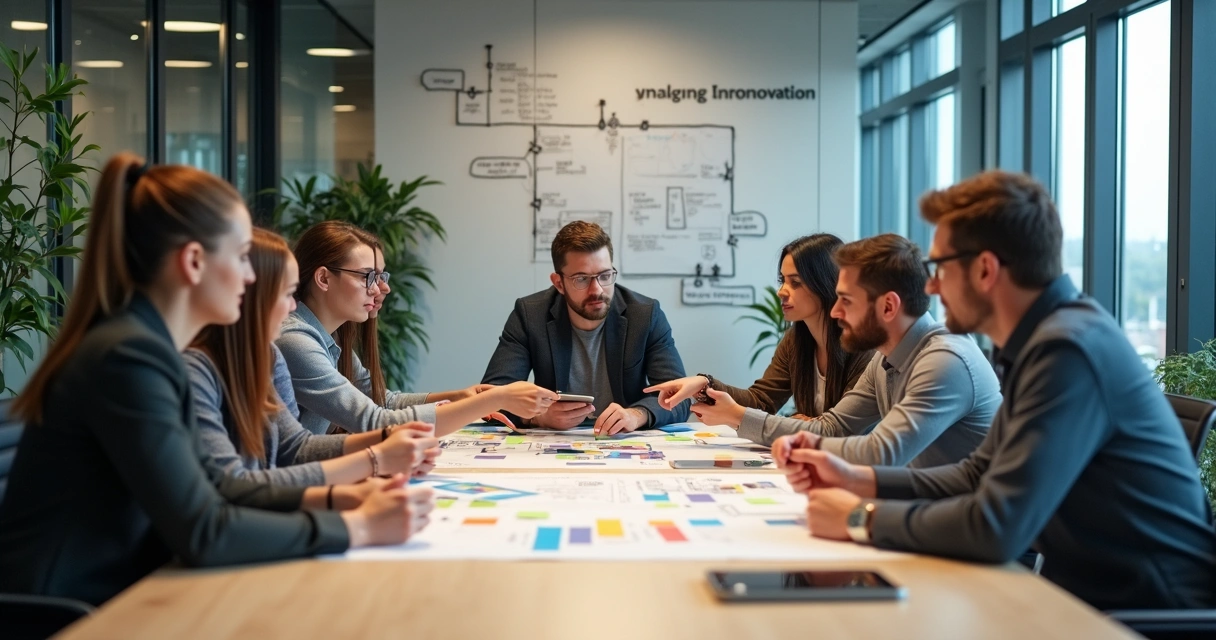 Equipe reunida ao redor de uma mesa de trabalho discutindo estratégias de mudança