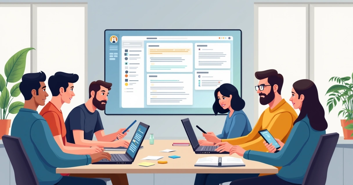 Equipe reunida ao redor de uma mesa interagindo em frente a um notebook 