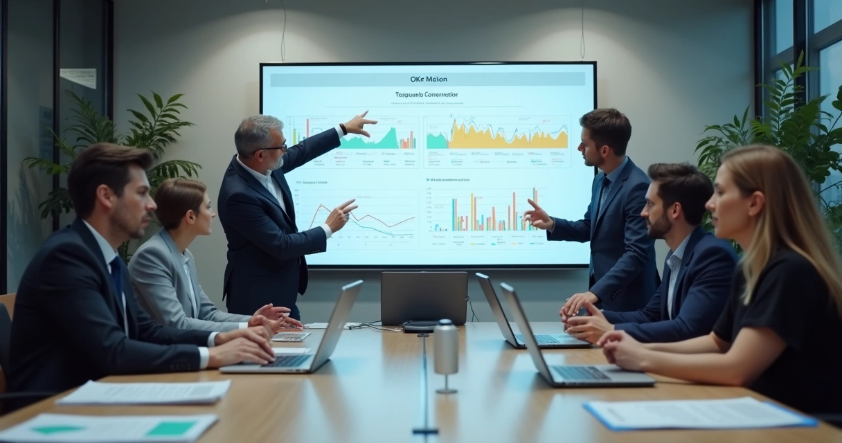 Equipe de consultores analisando dados de OKR em sala de reunião 
