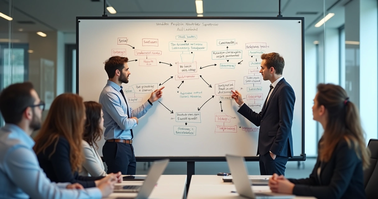 Grupo de pessoas em sala de reunião analisando fluxos e comportamentos em quadro branco 