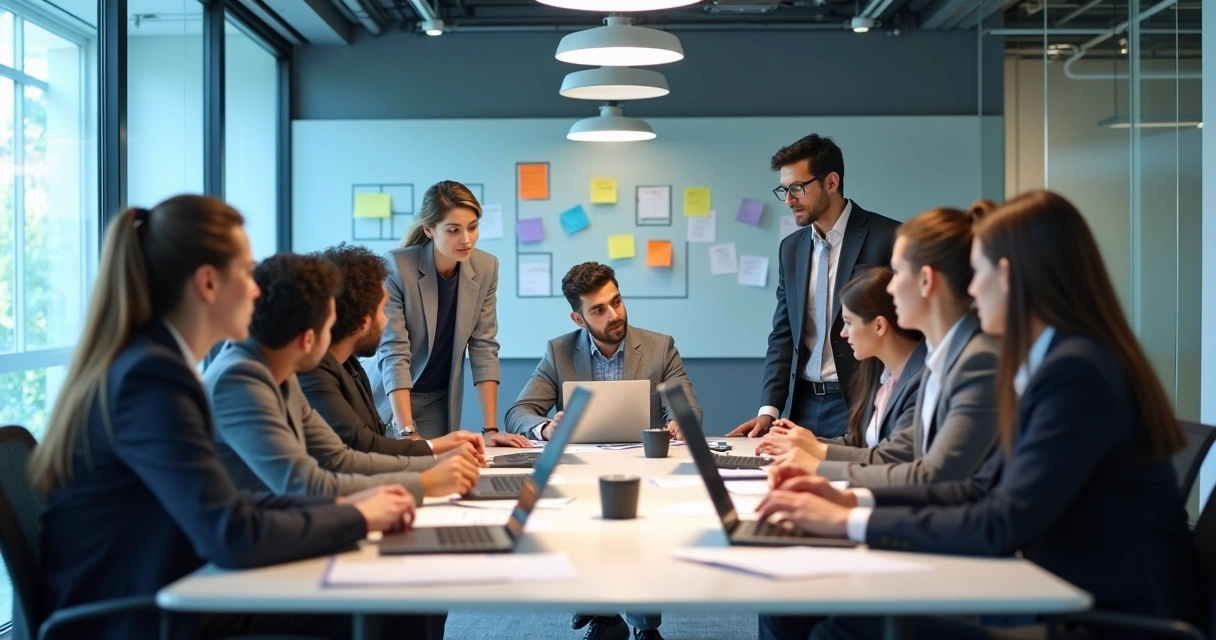 Equipe reunida ao redor de mesa elaborando plano de desenvolvimento individual 