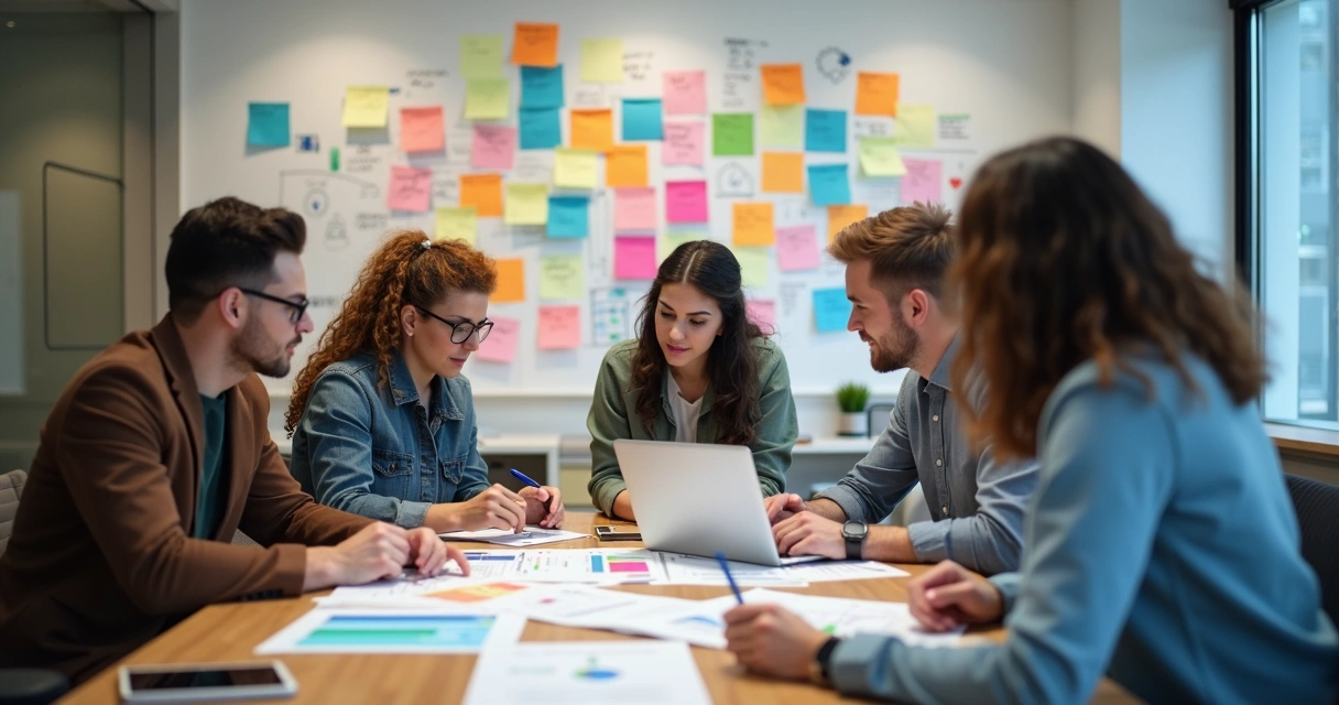 Equipe reunida analisando perfis de possíveis clientes em mesa com laptops